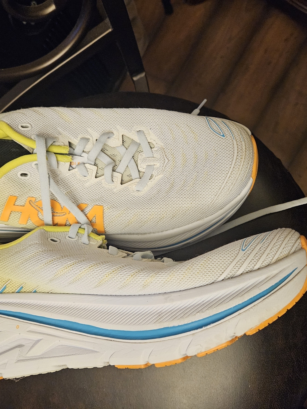 Hoka One One Bondi  X White Running Shoes with Yellow & Blue Accents